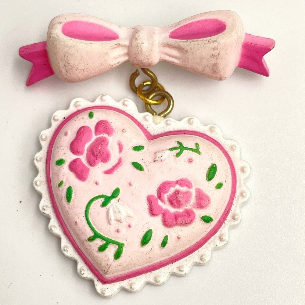 Vintage 90s Floral Heart Scalloped Edge Bow Brooch Pin Statement Women's Jewelry
